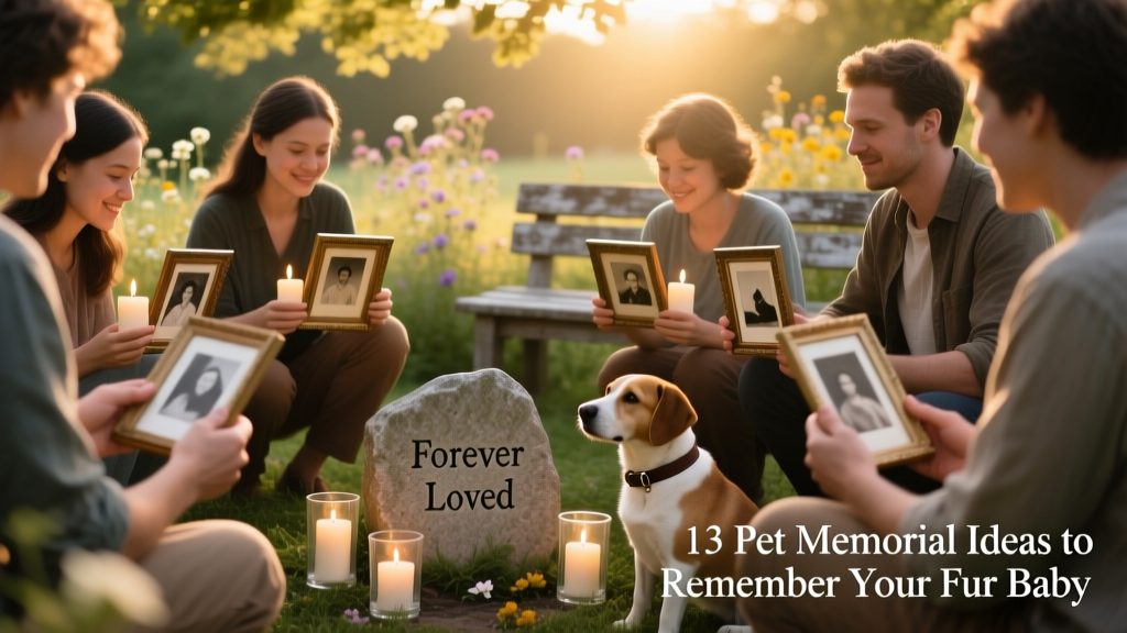 A small, intimate gathering of friends and family outdoors, holding photos and candles in honor of a beloved pet