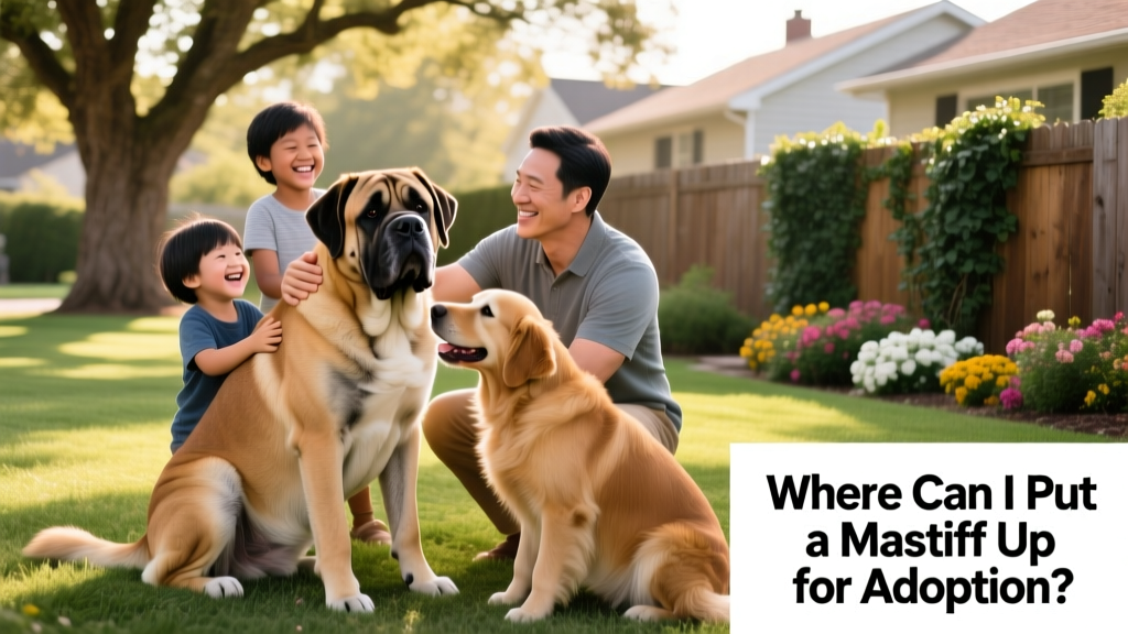 A calm, well-groomed adult Mastiff sitting peacefully beside a friendly family in their backyard