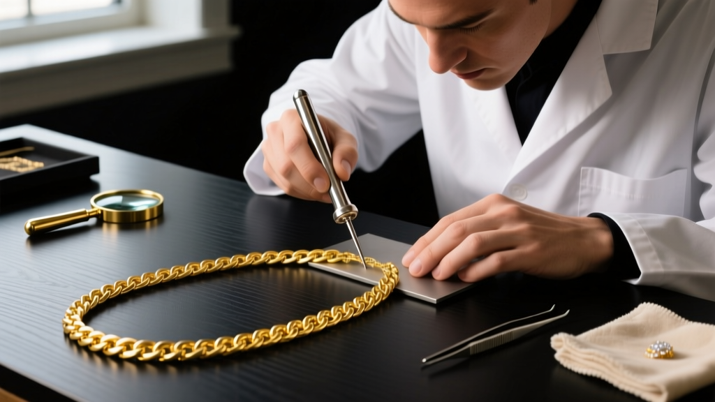 Jeweler using a steel roller tool to gently flatten a minor kink in a thick 18k yellow gold herringbone chain on a dark workbench