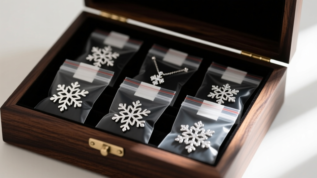 Sterling silver snowflake jewelry stored in anti-tarnish bags with prevention strips inside a dark cedar box.