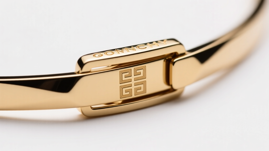 Close-up of a Givenchy necklace clasp showing the engraved copyright hallmark and gold plating under bright studio lighting.