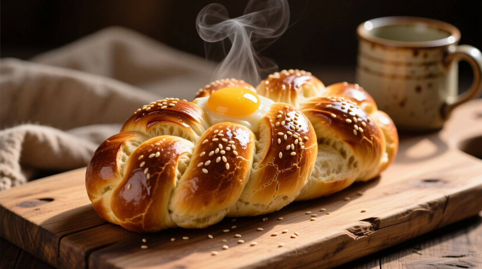 Freshly baked golden challah bread on wooden board