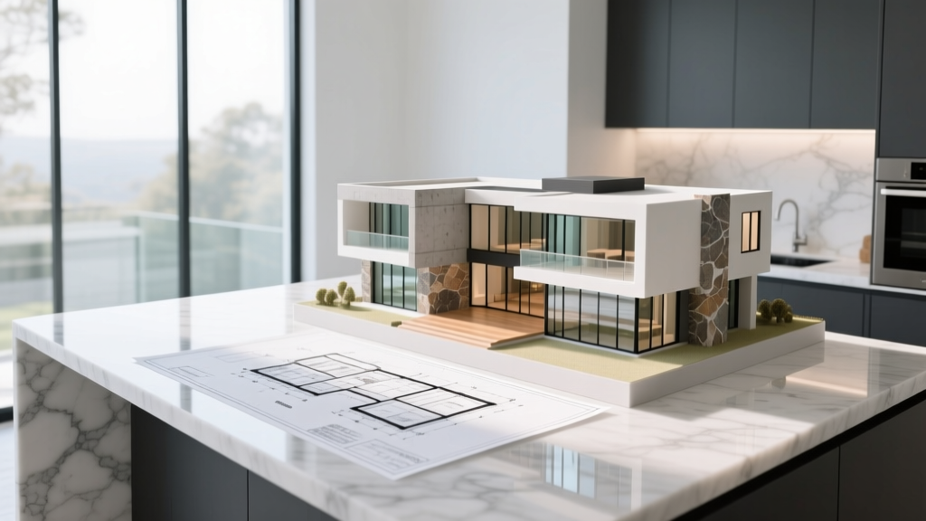 Blueprints on a marble island next to a 3D scale model of a 5000 sq ft luxury home with large glass windows and stone accents
