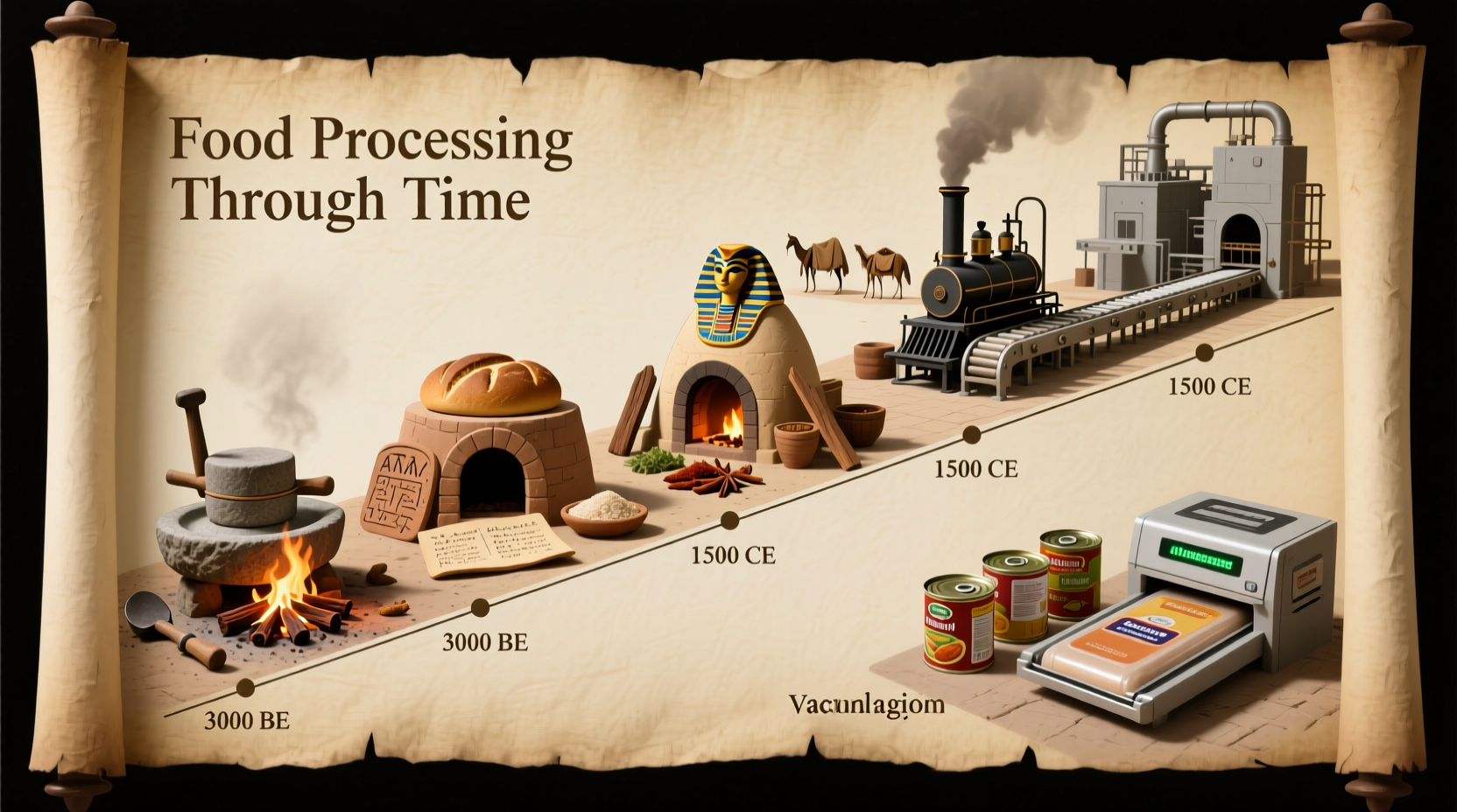 Food processing timeline showing historical techniques