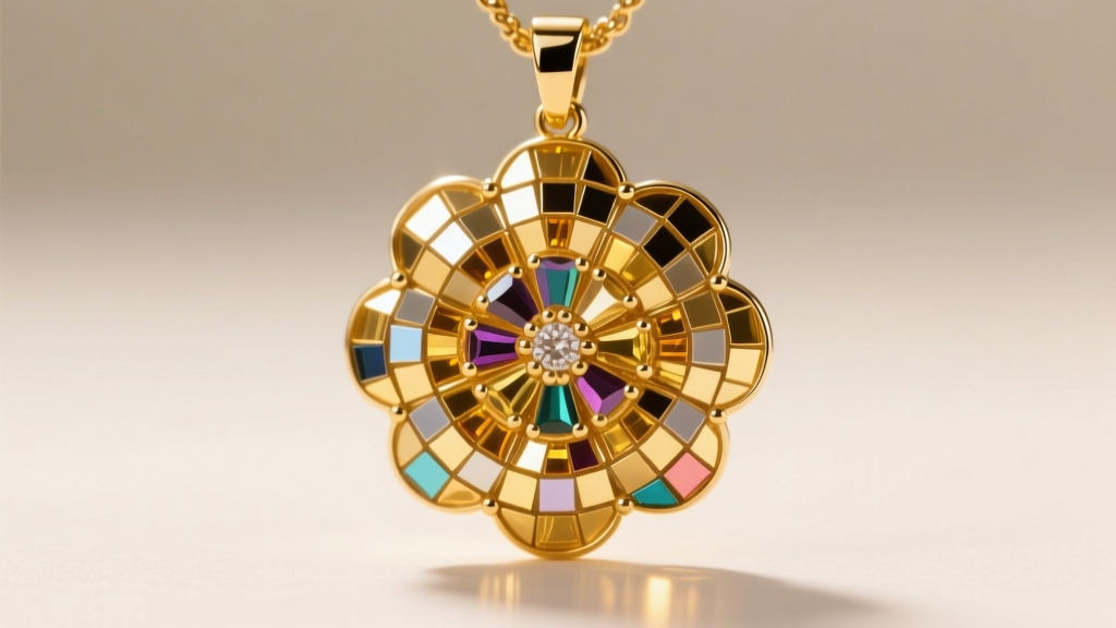 Macro shot of a gold micro-mosaic pendant revealing tiny hand-cut glass tesserae forming a floral pattern under studio lights