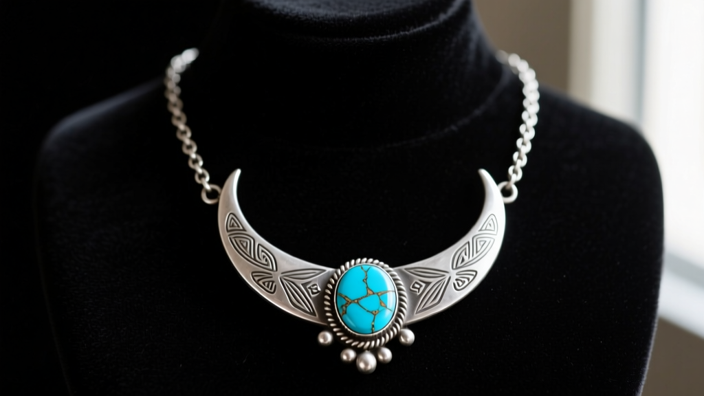 Vintage Navajo sterling silver squashblossom necklace with crescent naja pendant and blue turquoise resting on dark velvet.