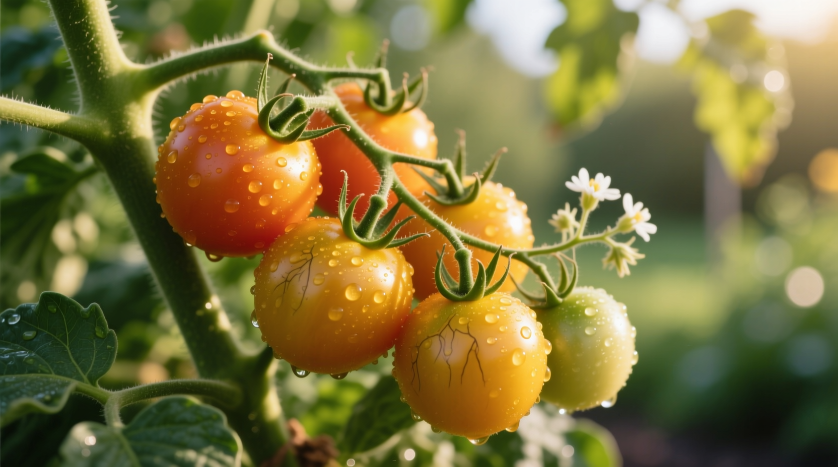 Close-up of golden sweet cherry tomatoes on vine