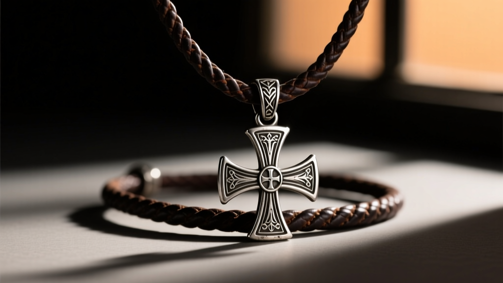 Oxidized sterling silver Knights Templar necklace with a Cross Pattée pendant on dark leather under moody lighting