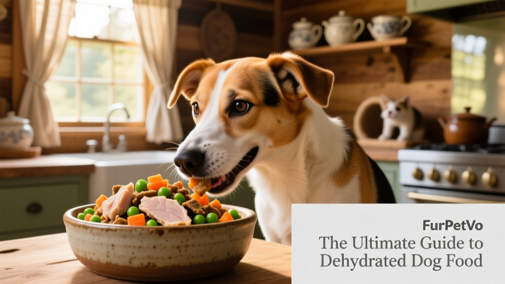 A happy medium-sized dog eagerly eating from a bowl of rehydrated FurPetVo food—soft, plump flakes mixed with visible bits of meat and vegetables