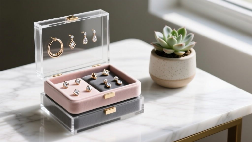 Stackable clear acrylic earring display case with velvet inserts on white marble, styled next to a small potted succulent plant.