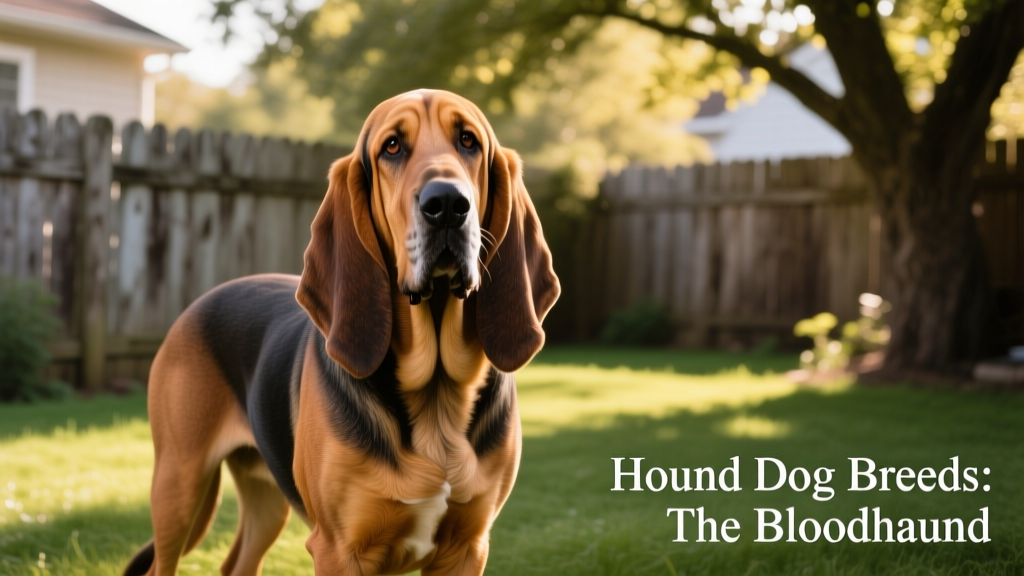 A dignified Bloodhound standing calmly in a shaded yard, ears sweeping down, wrinkles soft around expressive eyes