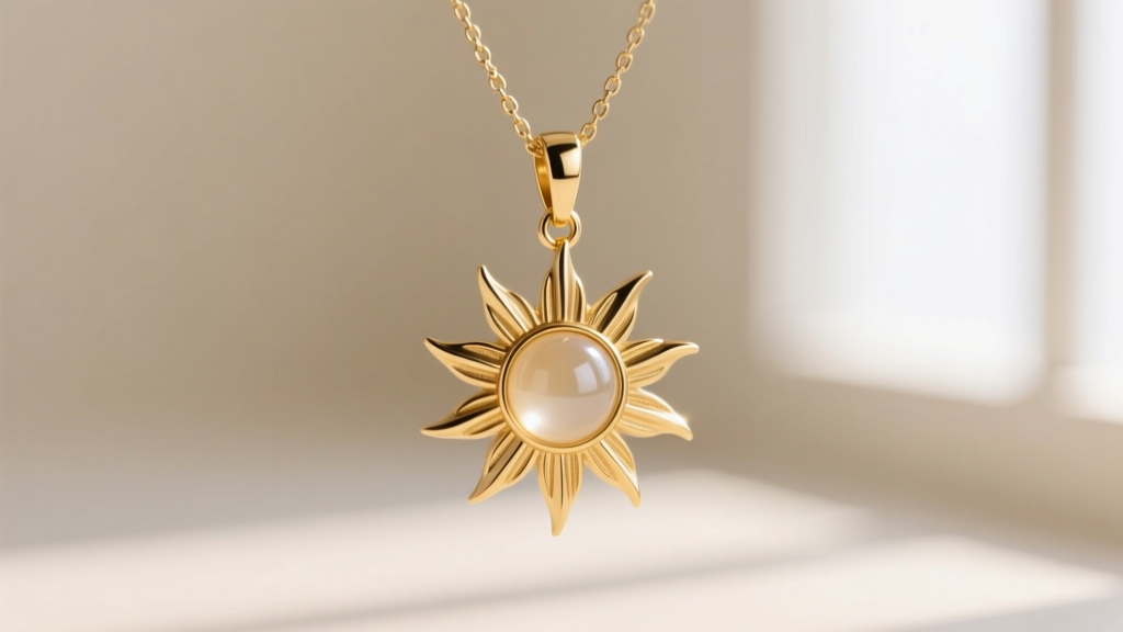 Macro shot of a necklace bail showing a clear silicone bead preventing a gold sunburst pendant from flipping on a delicate chain.
