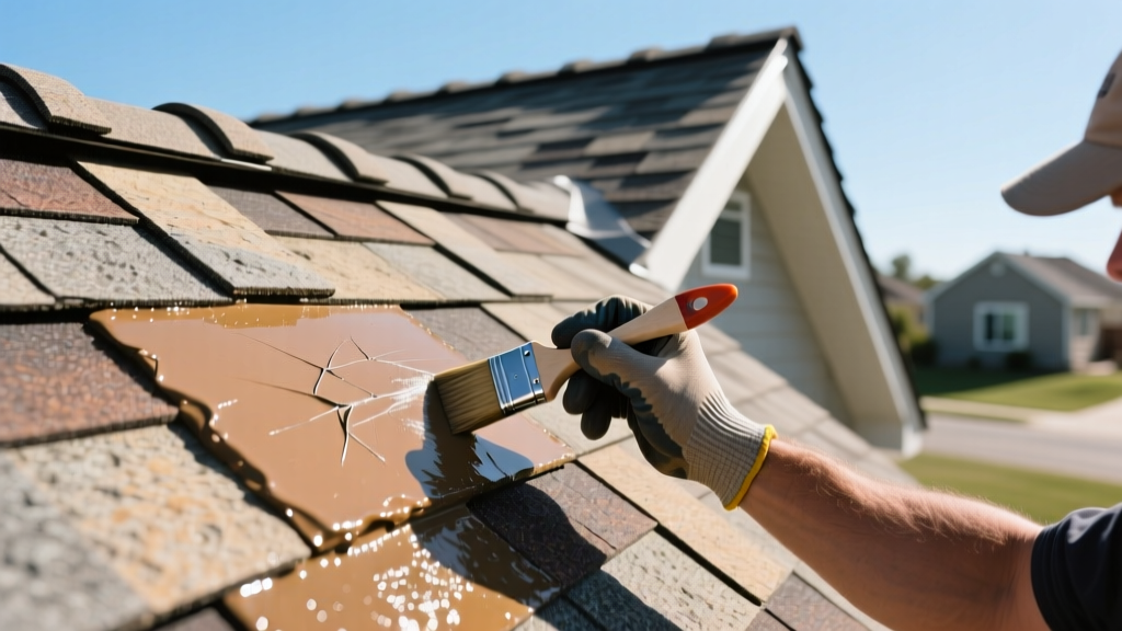 Contractor applying color-matched PVDF touch-up paint to a scratched stone-coated metal shingle on a steep residential roof