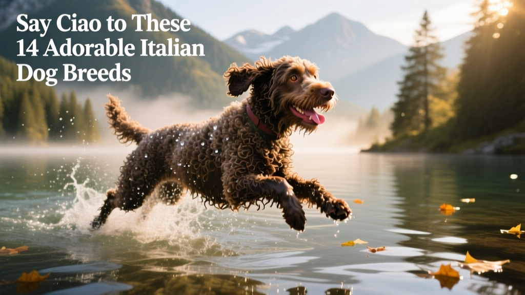 A Lagotto Romagnolo swimming joyfully in a clear mountain lake, water droplets glistening on its curly coat