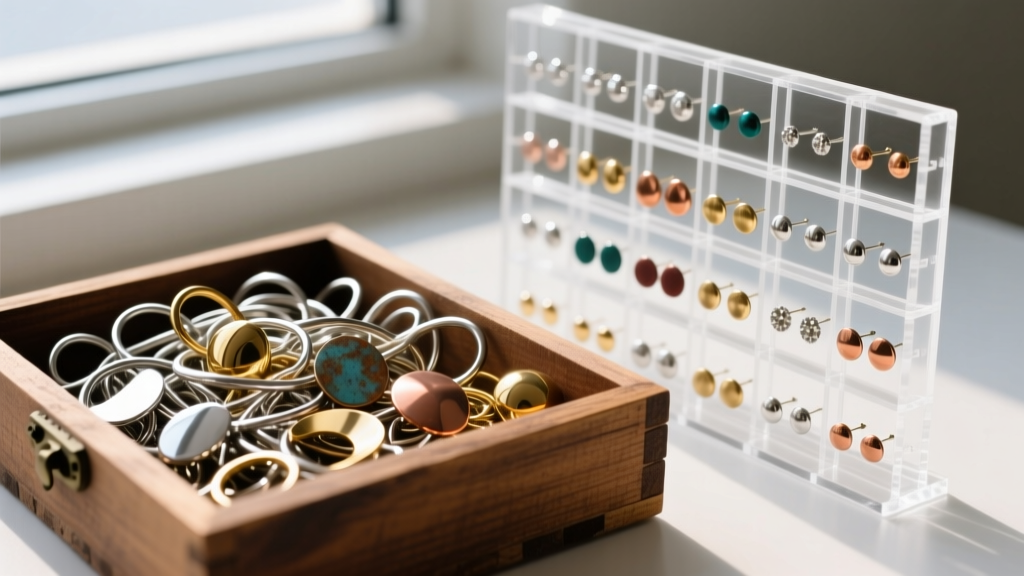 Tangled mixed metal post earrings in a wooden box contrasted with a neat acrylic grid organizer showing cleanly separated studs