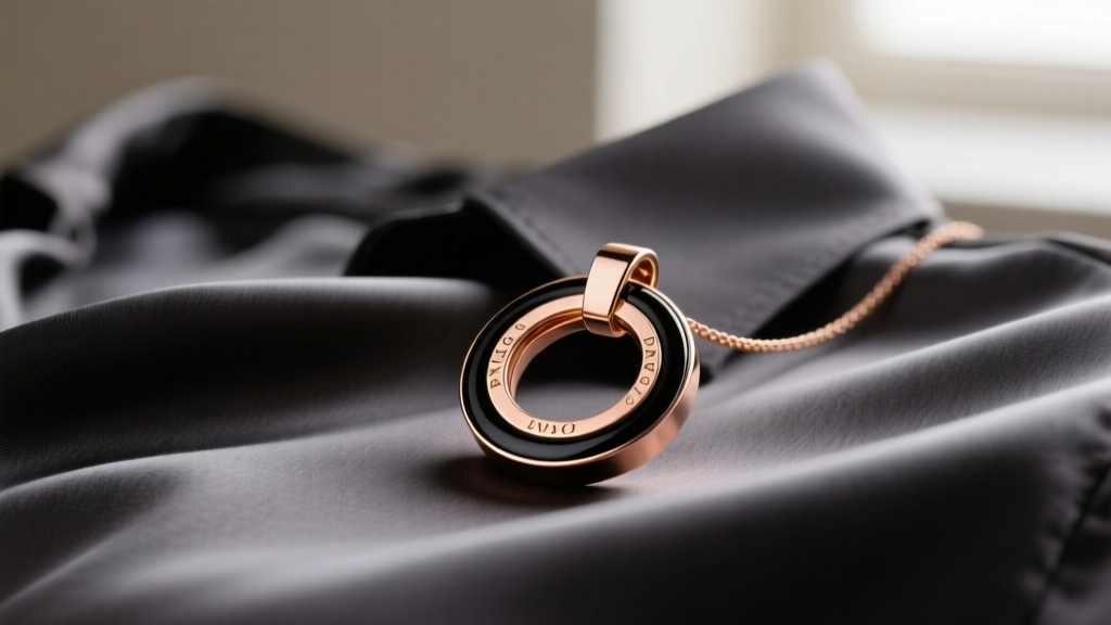 Close-up of an 18k rose gold Bvlgari B Zero1 one-band pendant with black ceramic edges resting on a charcoal silk blouse