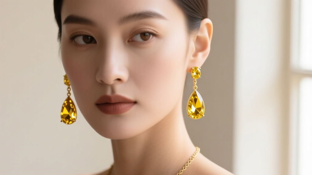 Close-up of a woman wearing 18k yellow gold drop earrings with teardrop-cut yellow sapphires, soft natural lighting, elegant mood
