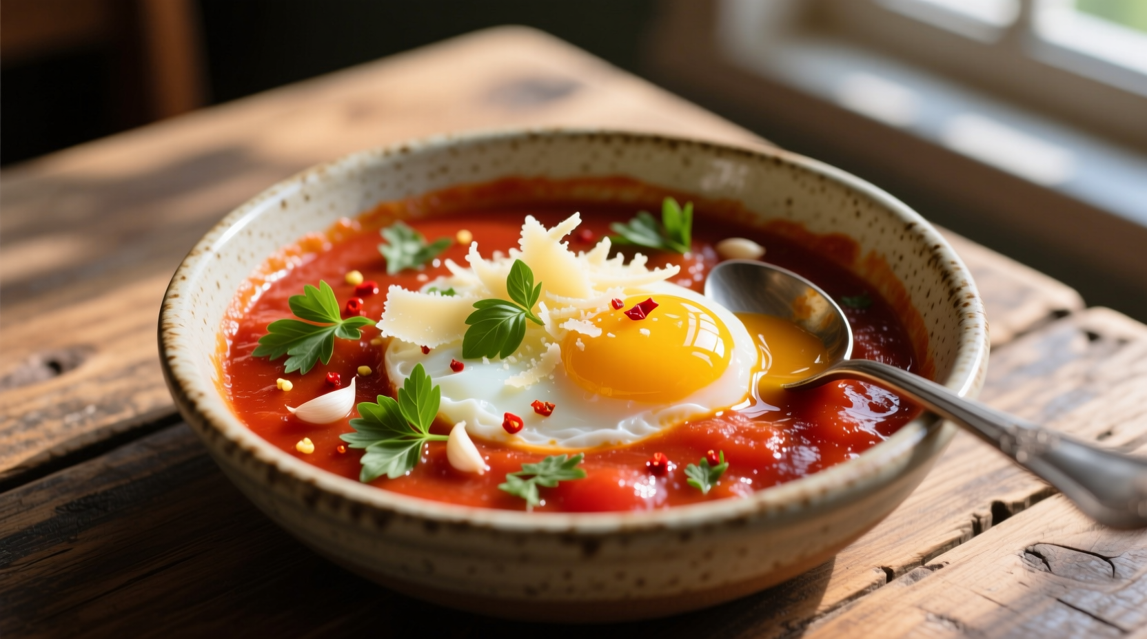 Perfectly poached eggs in vibrant red tomato sauce