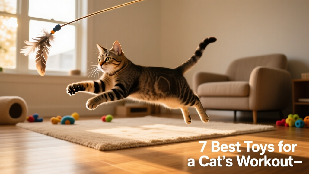 Cat mid-leap, pouncing toward a dangling toy on a stretchy cord