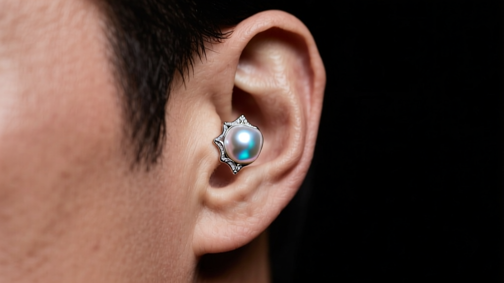 Close-up of a man wearing an 8mm baroque pearl stud in a matte black setting on his left ear lobe under moody studio lighting.
