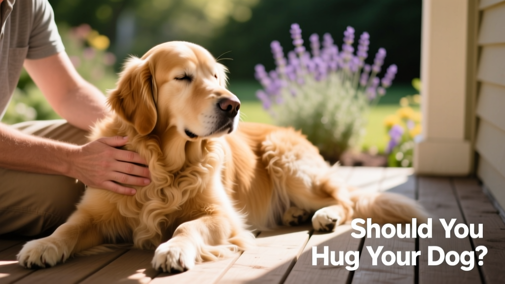 A calm, happy dog resting beside its person while receiving gentle strokes on the chest and shoulders