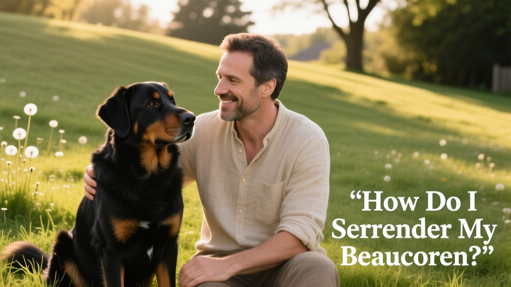 A calm, well-groomed Beauceron sitting beside a person on a grassy yard, both looking relaxed and connected