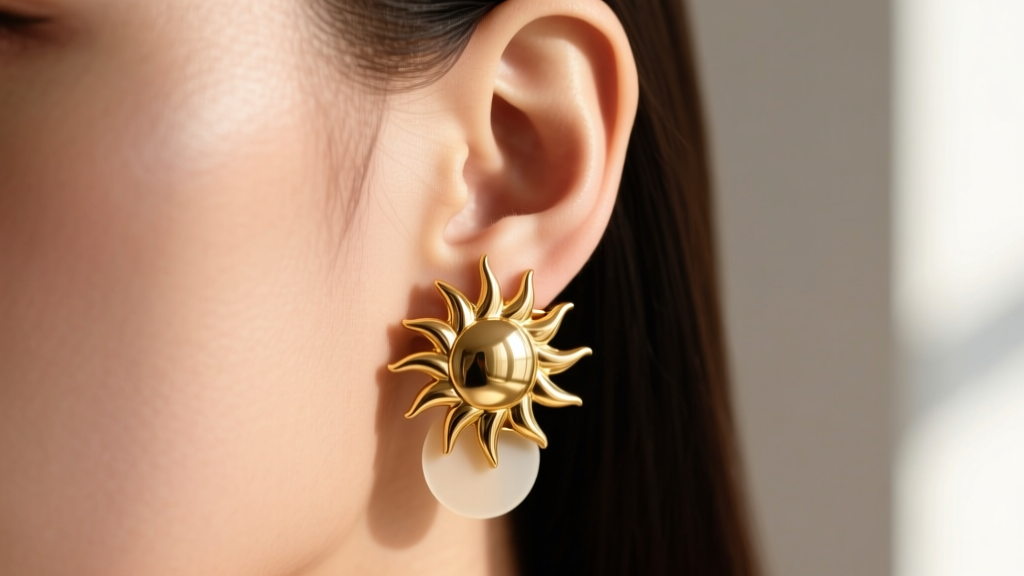 Close-up of an earlobe wearing a large gold sun earring with an invisible silicone support patch preventing forward drooping.