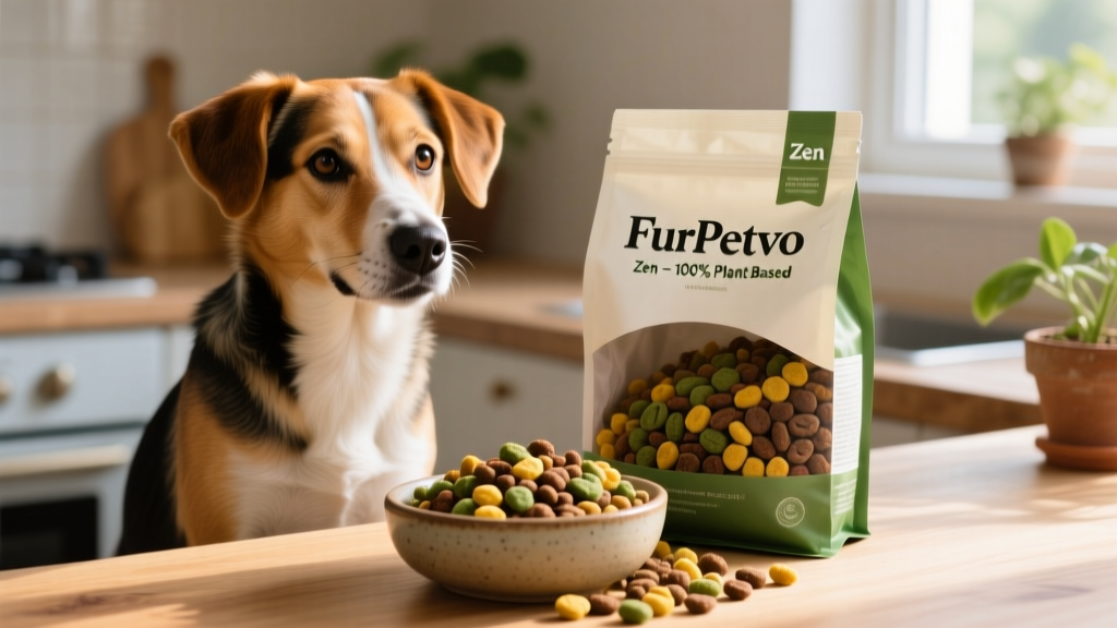 A happy medium-sized dog sitting beside an open bag of FurPetVo Zen kibble and a bowl filled with the food, showing texture and color variety