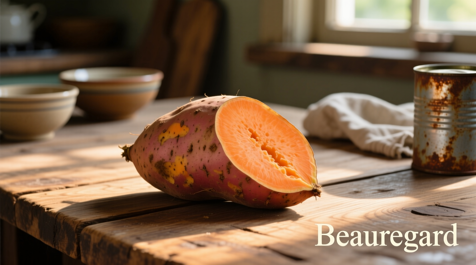 Beauregard sweet potatoes with vibrant orange flesh on wooden table