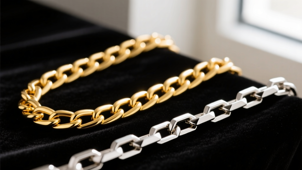 Macro photography comparing a 14k yellow gold rolo chain and a platinum box chain on dark velvet, highlighting link structures