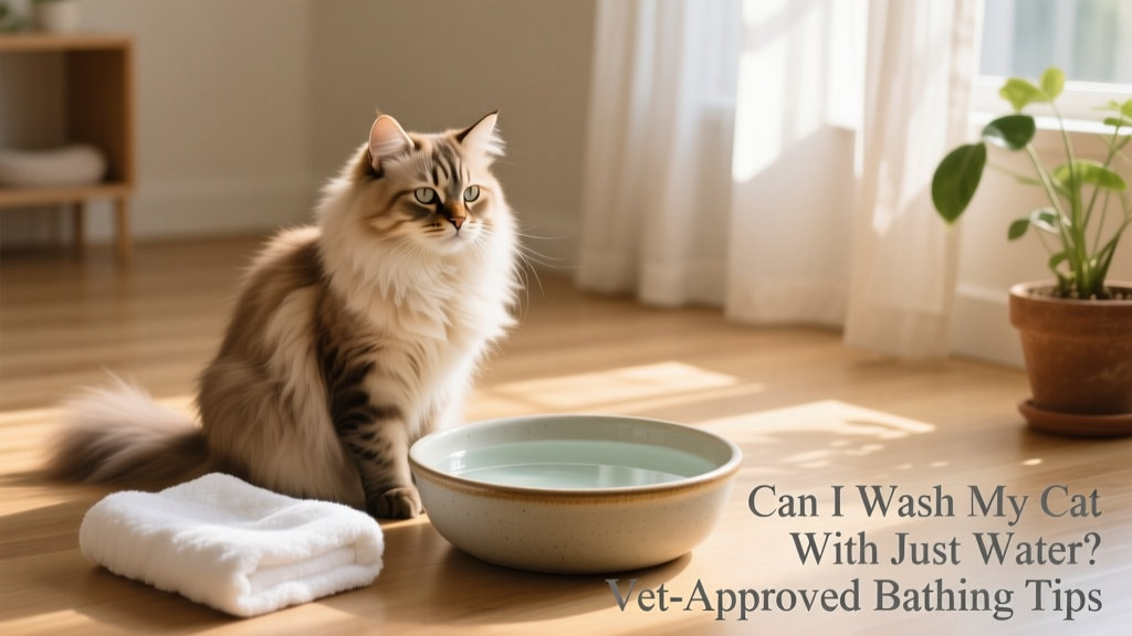 A calm, dry cat sitting beside a shallow basin with clean water and a soft towel nearby