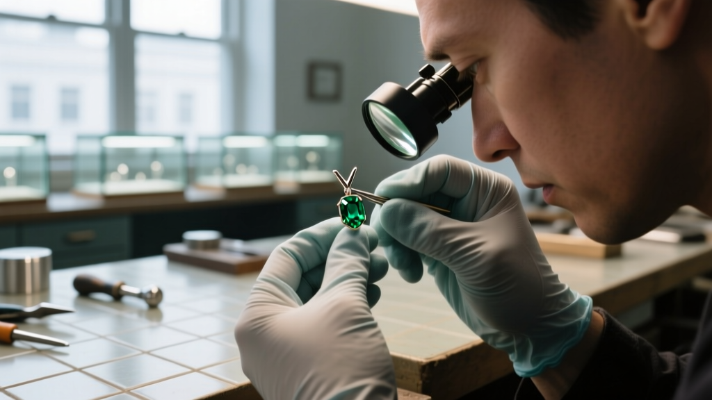 Jeweler inspecting v-prongs on an emerald earring with a loupe, checking setting security against a blurred workshop background