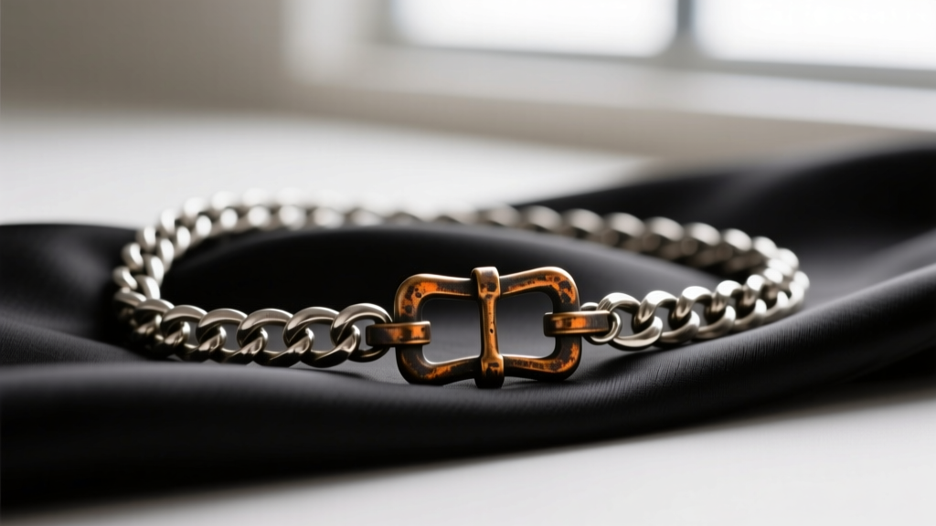 Vintage Sheffield silver curb link watch chain draped over black silk, highlighting the antique T-bar clasp and rich dark patina.