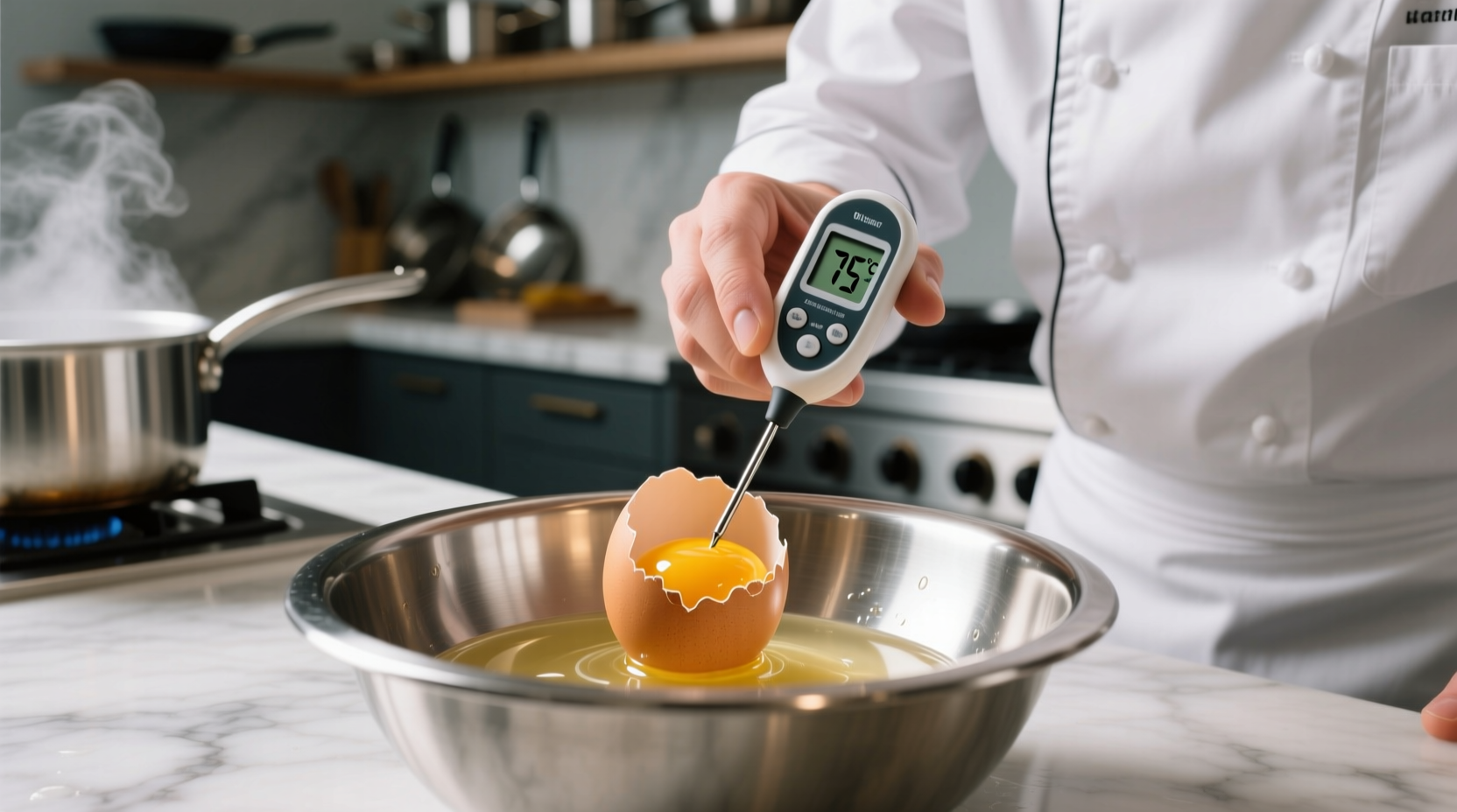 Chef checking egg temperature with digital thermometer
