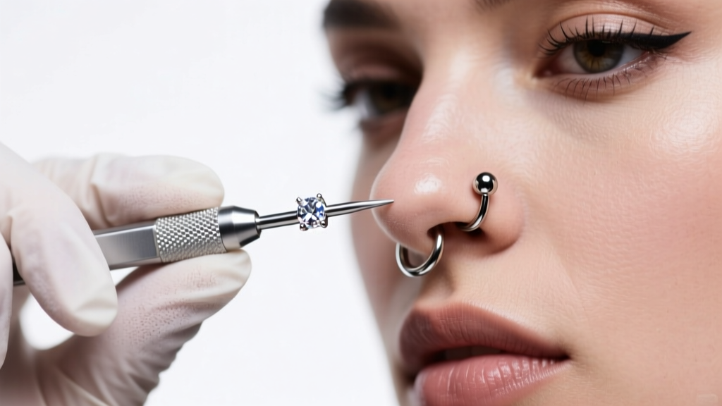 Piercer holding 14-gauge implant grade titanium nose bridge jewelry with sterile gloves under bright clinical studio lighting