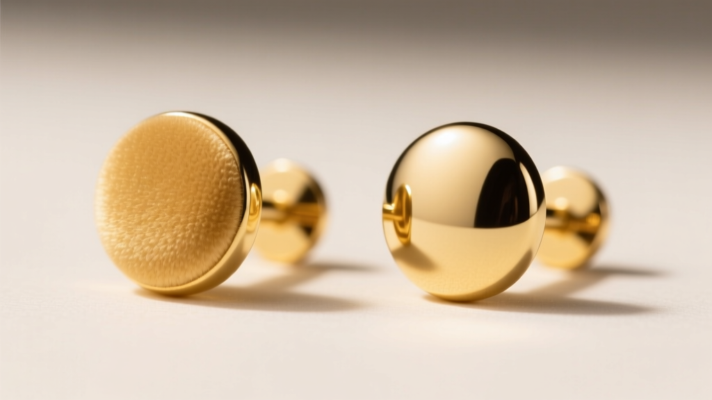 Side-by-side macro shot of an 18k butter gold stud and a high-polish 14k gold stud, highlighting soft satin texture differences