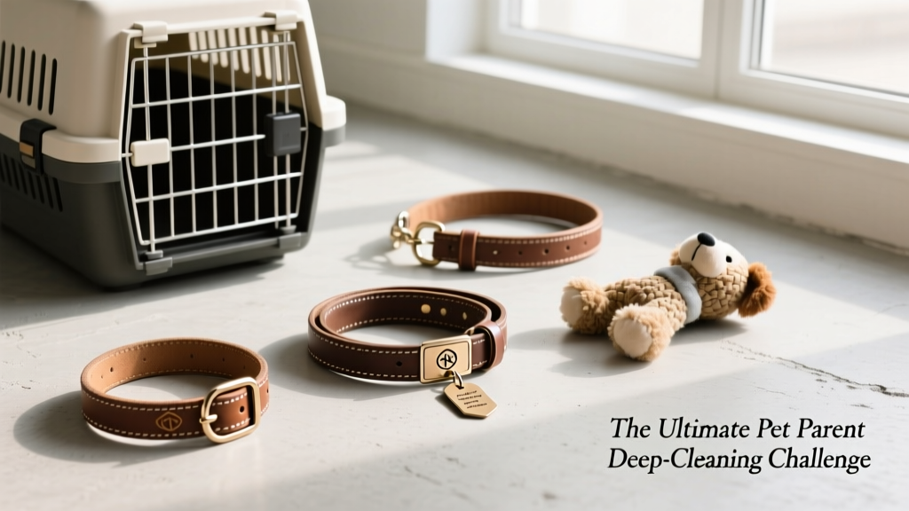 A neatly organized collection of pet gear: crates, leashes, collars, and toys laid out on a clean floor