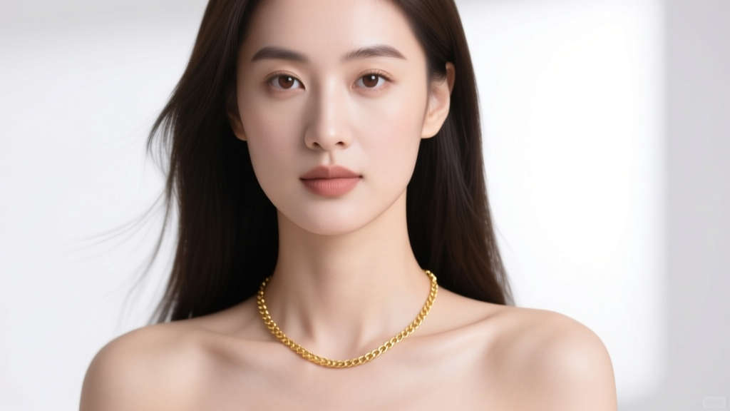 Woman wearing a delicate gold chain resting above the collarbone, highlighting a comfortable, friction-free fit for sensitive skin.