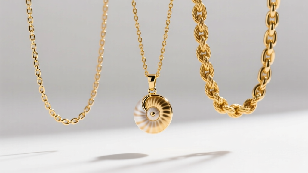 Three gold chain styles holding nautilus pendants: a 1.5mm box chain, a 1.2mm rope chain, and a standard 1.5mm cable chain.