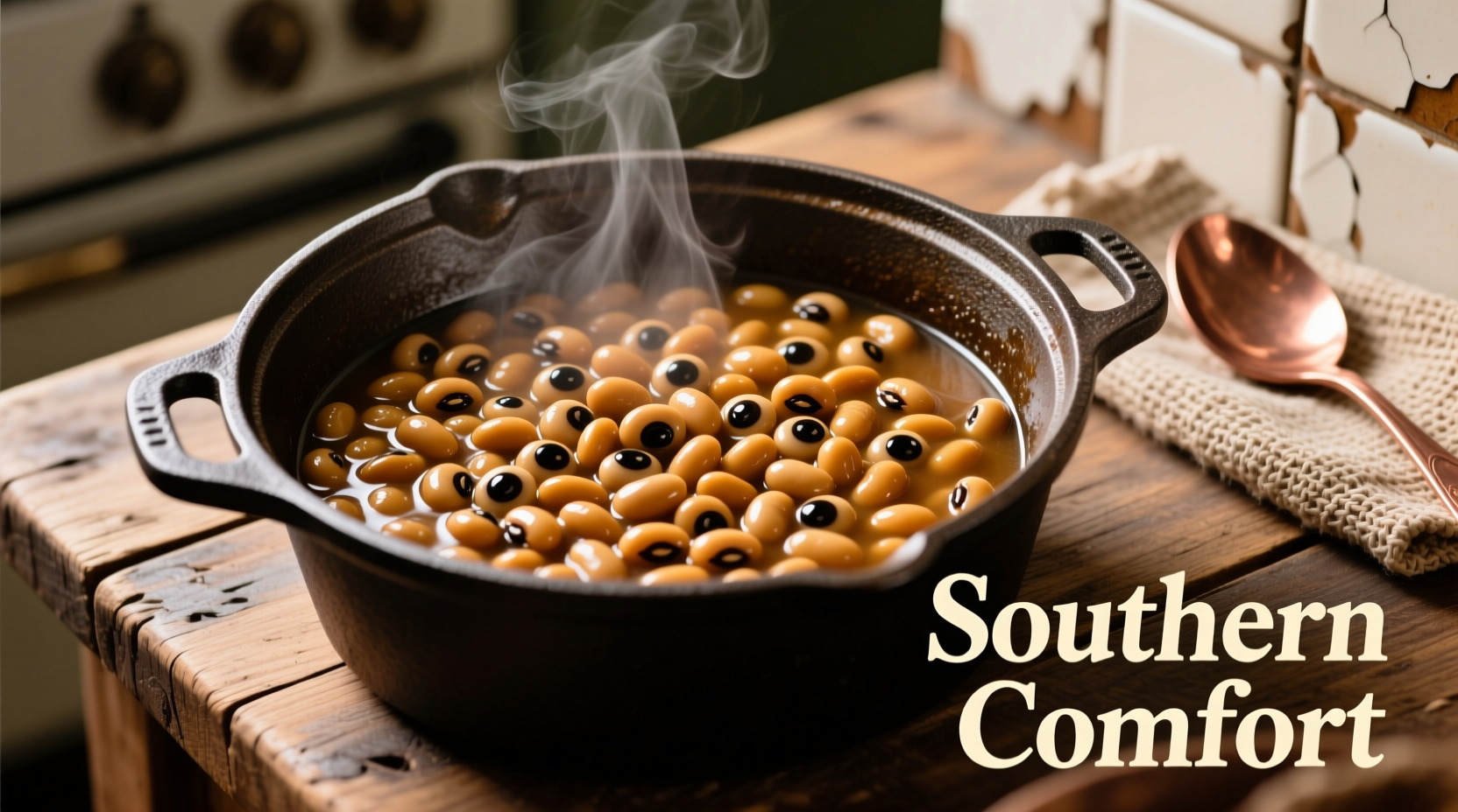 Perfectly cooked black eyed peas in cast iron pot