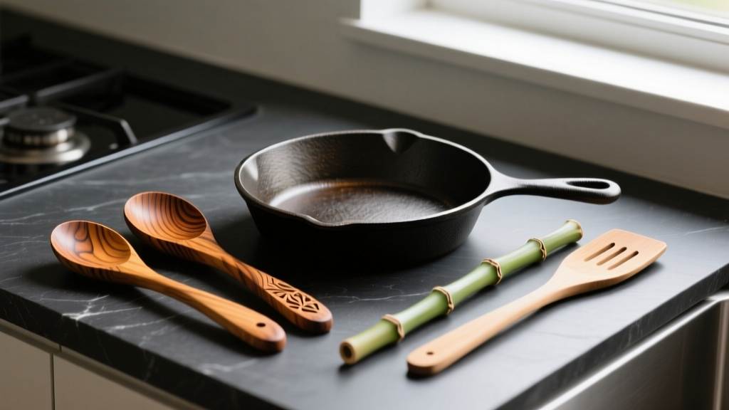 Hand-carved olive wood cooking spoons and bamboo spatulas resting on a dark soapstone kitchen countertop next to a cast iron skillet