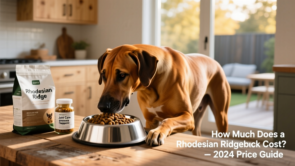 A Rhodesian Ridgeback enjoying a balanced meal from a stainless steel bowl, with a bag of premium large-breed kibble and supplement jar visible nearby