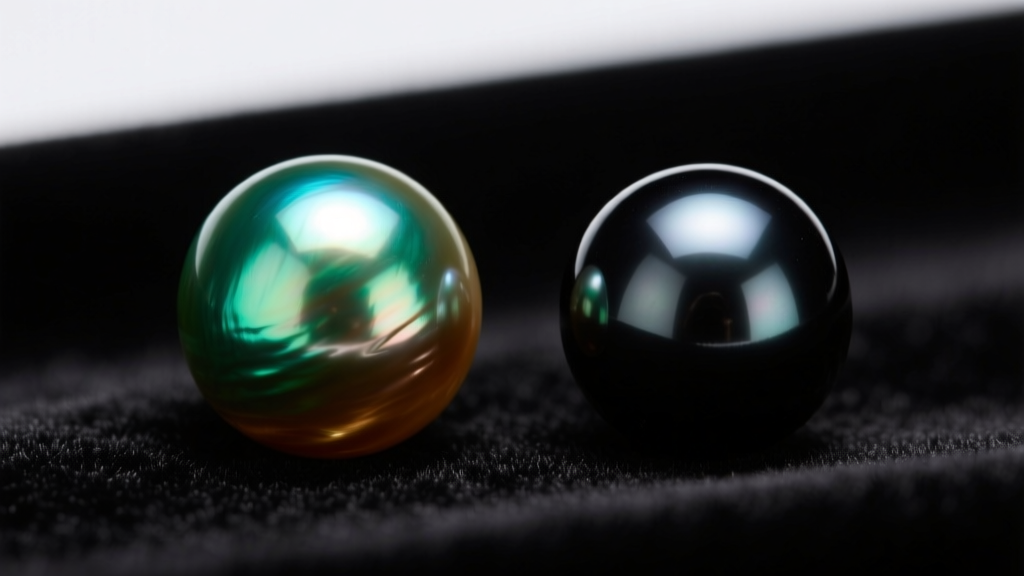 Macro shot comparing the peacock green overtone of a natural Tahitian pearl beside a flat, uniformly dyed black freshwater pearl.