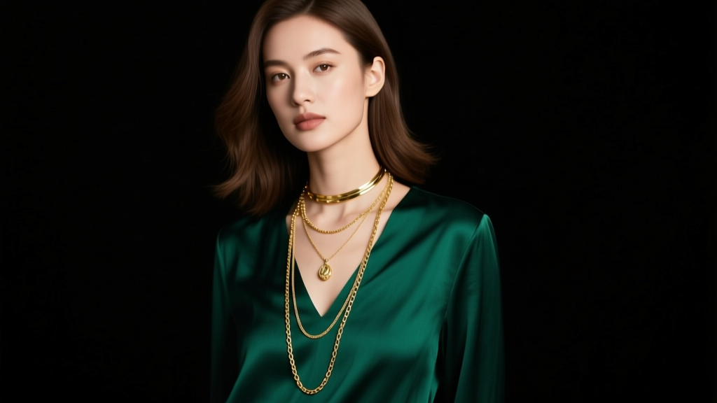 Woman wearing three layered gold chains of varying necklaces length against a dark emerald silk blouse, soft studio lighting setup