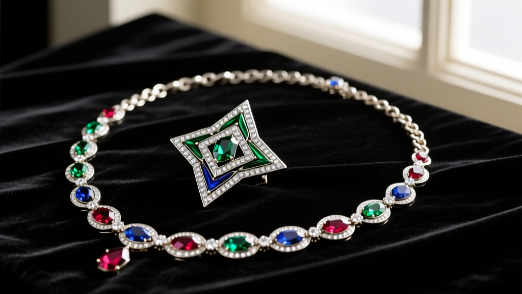 1920s art deco costume jewelry flat lay featuring a geometric rhinestone brooch and long sautoir necklace on dark velvet fabric