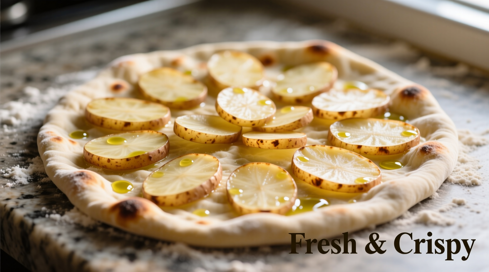 Thin-sliced potatoes arranged on fresh pizza dough
