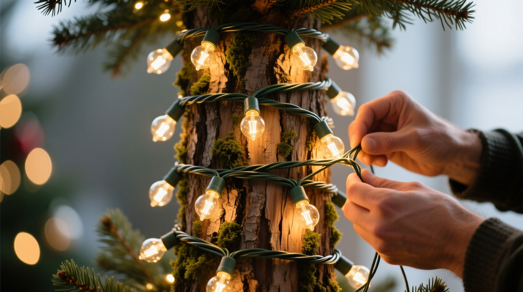 how to create symmetry when wrapping lights around a christmas tree trunk