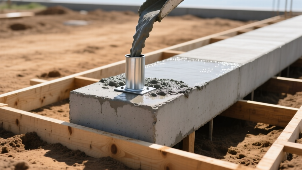 Freshly poured concrete pier with embedded galvanized post base next to wooden slab forms on a graded dirt lot for a new building.