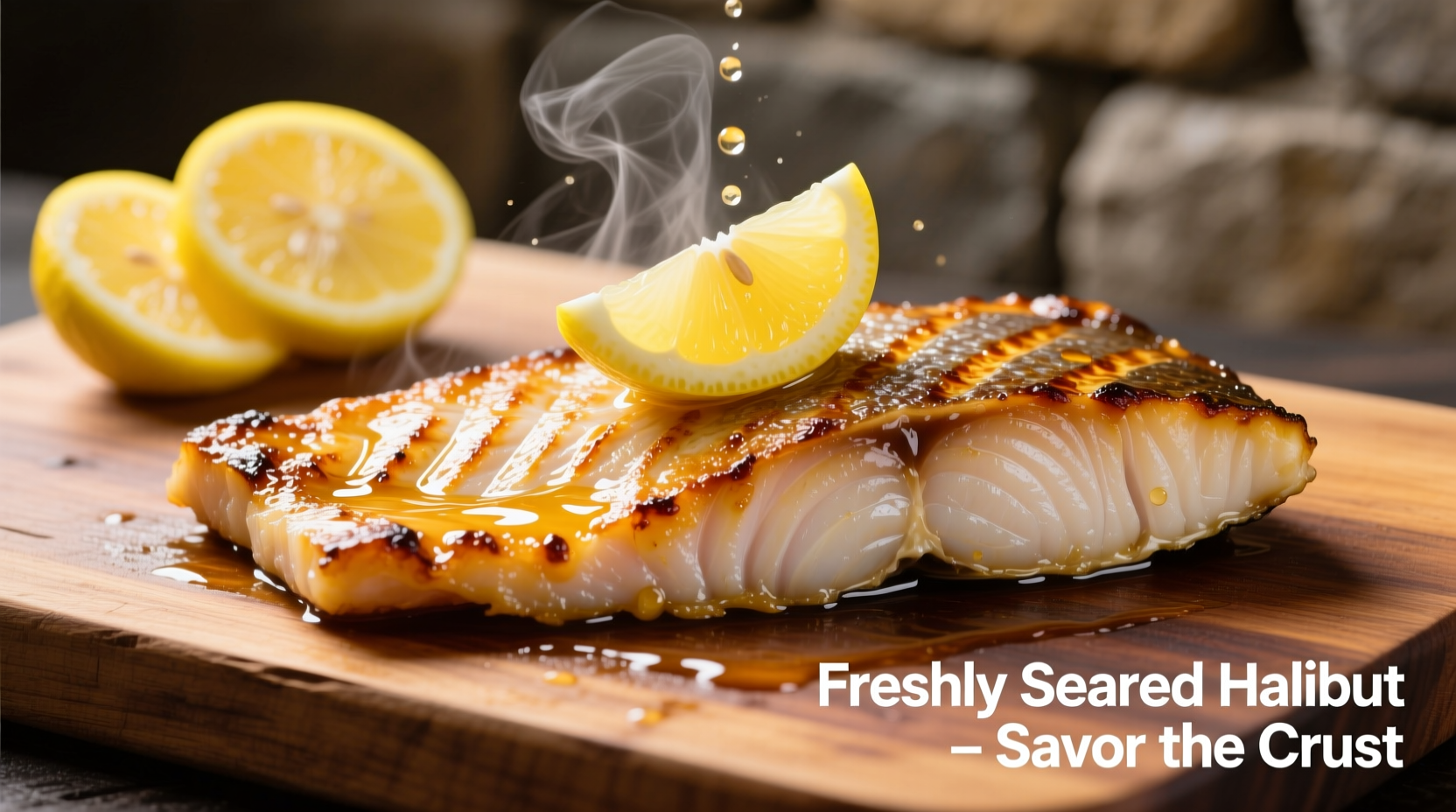 Perfectly seared halibut fillet with lemon garnish