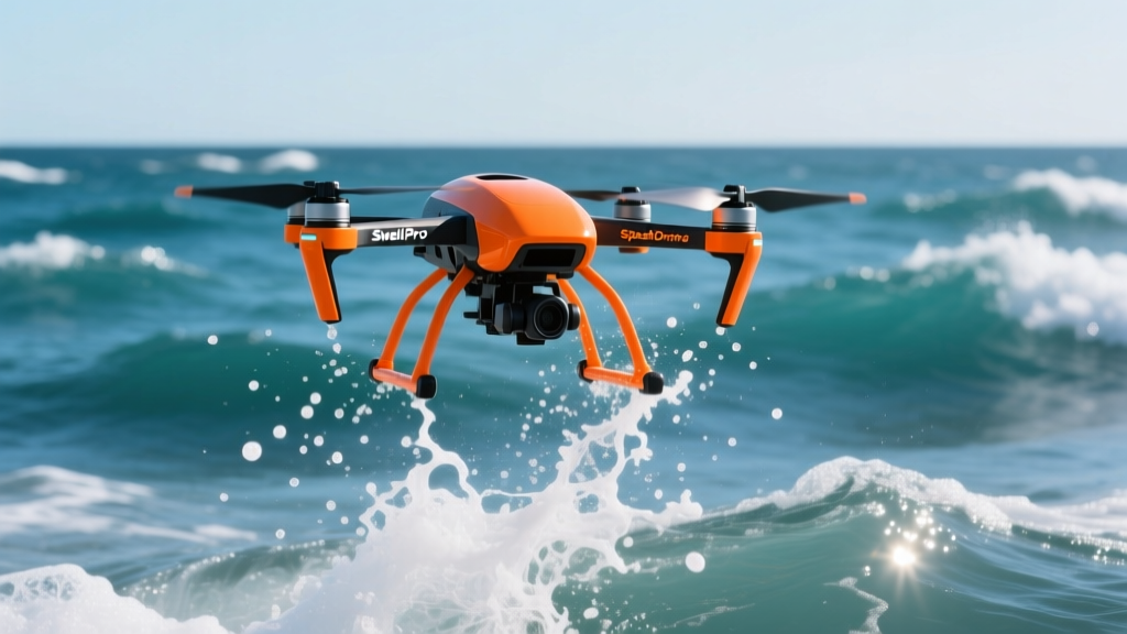 SwellPro SplashDrone 4 hovering above choppy ocean water, its orange landing gear splashed with white sea salt spray.